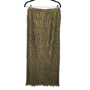 Vtg Patra Gold Lame Metallic Pleated Crinkle Maxi Skirt Sz 14 Elastic Waist Glam